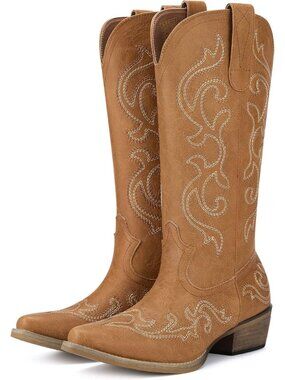 Women's Western Cowgirl Boots Brown Chunky Heel Ladies Snip Toe Mid-Calf Boots